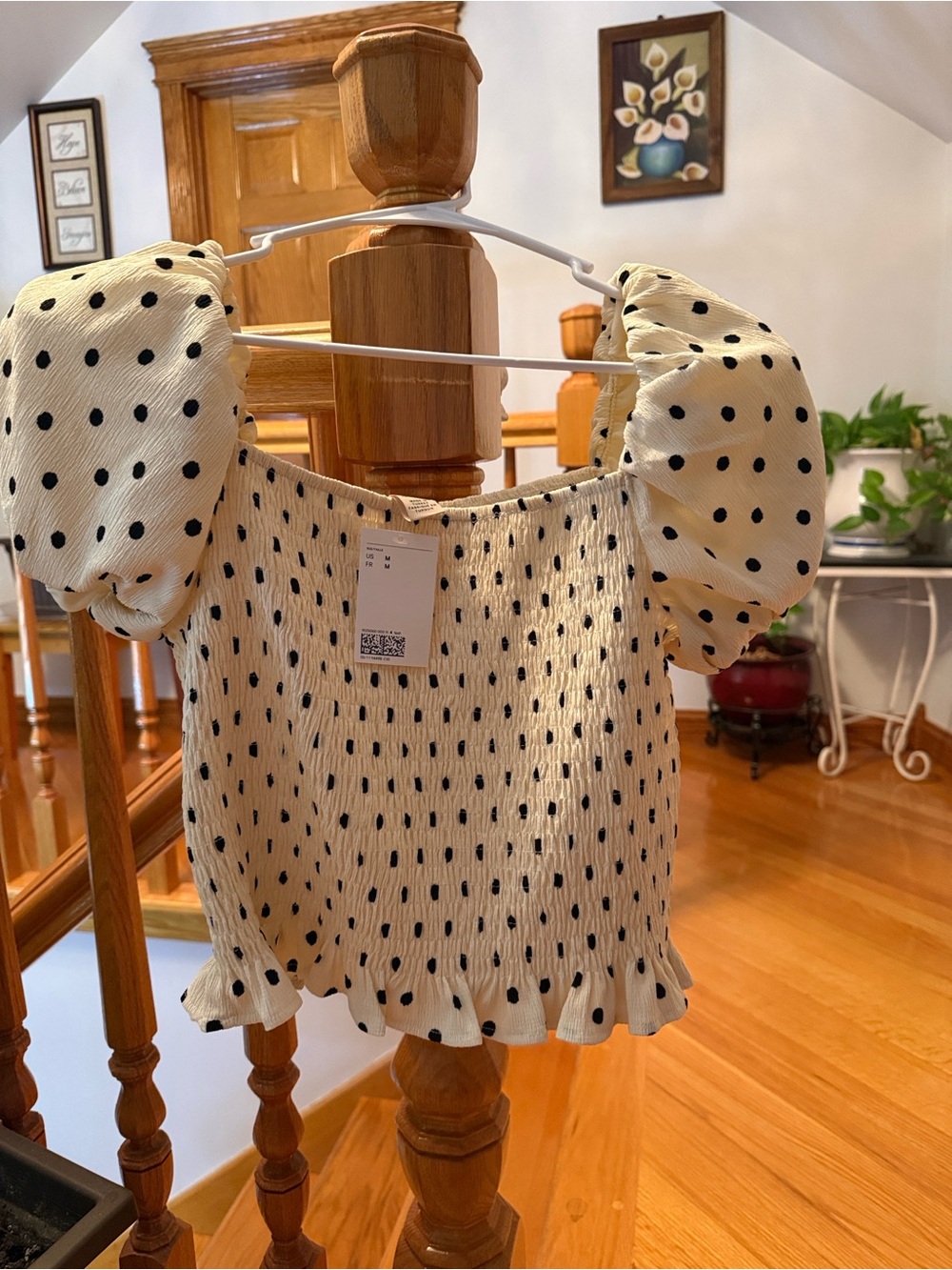 H&M Cream Polka Dot Puff-Sleeve Smocked Crop Top
